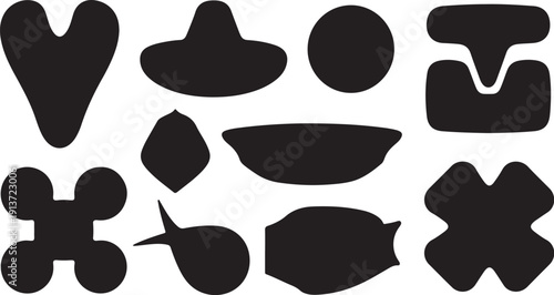 Collection of various black shapes on white background