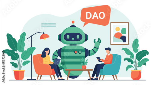 Two individuals and a robot seated indoors discussing a decentralized autonomous organization (DAO)