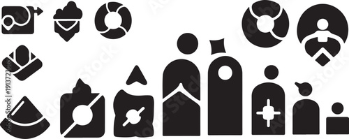 Black and white icons of people and medical symbols
