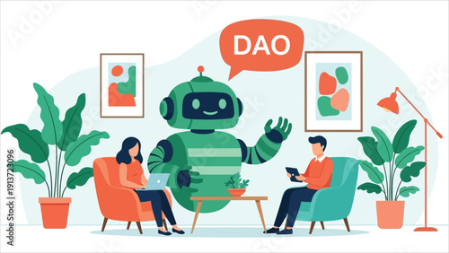 Two individuals and a robot seated indoors discussing a decentralized autonomous organization (DAO)