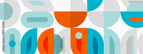 Abstract geometric pattern. Shapes overlap, creating midcentury modern aesthetic. Blue, orange, gray tones dominate composition.