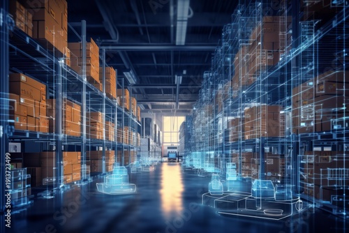 Wallpaper Mural Warehouse managing inventory with digital data overlay and autonomous robots for smart supply chain Torontodigital.ca