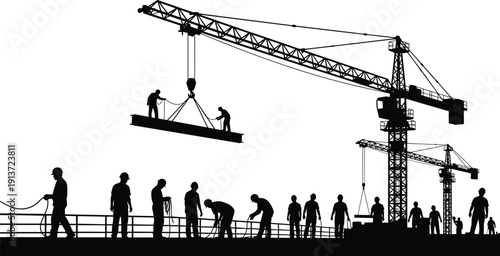 Construction Site Silhouette with Tower Cranes and Builders Working on Building Structure Engineering Development Civil Industry and Architectural Project Icons