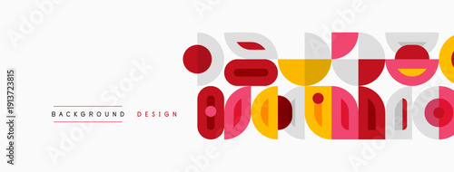 Abstract geometric shapes create vibrant background. Pink, yellow, red elements dominate design, offering modern aesthetic.