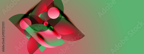 Abstract composition features vibrant red, green hues. Overlapping shapes create dynamic visual interest. Smooth gradients define forms. Minimalist design.