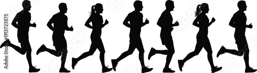Group of Male and Female Runners Silhouettes Running in a Row Set for Marathon Sport Training Jogging Fitness and Healthy Lifestyle
