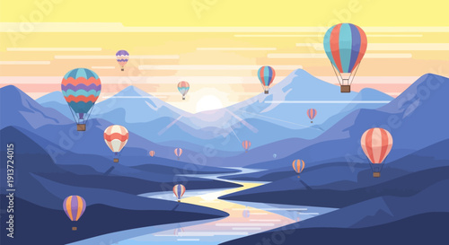 Hot air balloons soaring above serene mountain landscape