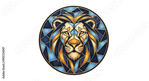 Majestic lion head in stained glass style with gold accents