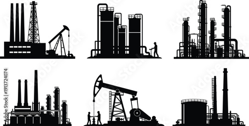 Industrial Oil and Gas Refinery Plant Silhouette Icons Set with Pump Jacks Pipelines Chemical Factories Fuel Storage Tanks and Engineers
