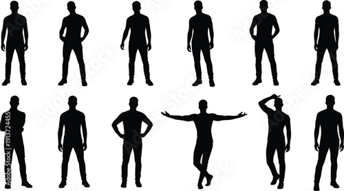 Male Silhouette Set with Man Standing in Different Poses Arms Crossed Hands in Pockets and Open Arms for Fashion Design