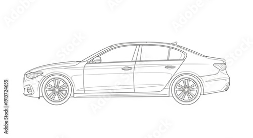 Detailed sketch of a modern luxury sedan car side profile.