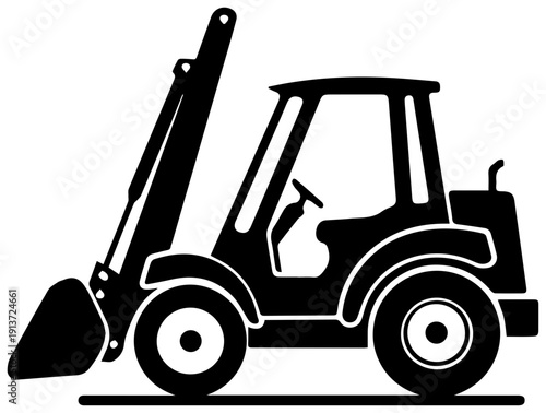 Black silhouette icon of a backhoe loader tractor with raised arm and bucket on white background