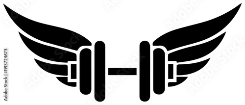 Black icon of a barbell with angel wings on white background symbolizing fitness and motivation