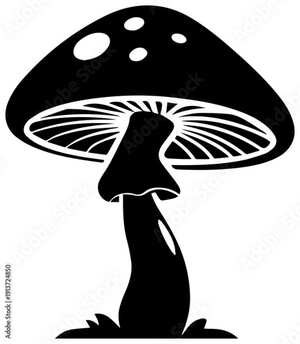 Black filled icon of a capped mushroom fungus with spots on a white background for design use