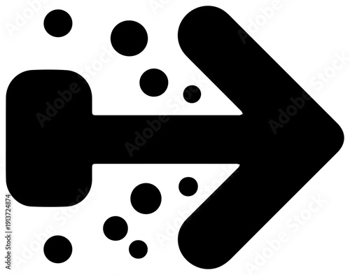 Black filled icon of a chemical reaction arrow with bubbles on white background for science and education use