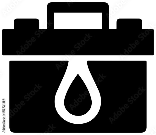 Black icon of a chemical spill kit bin with a drop symbol on a white background for environmental safety and industrial use