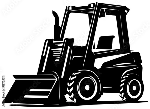 Black filled icon of compact skid steer loader with bucket and cab industrial equipment graphic