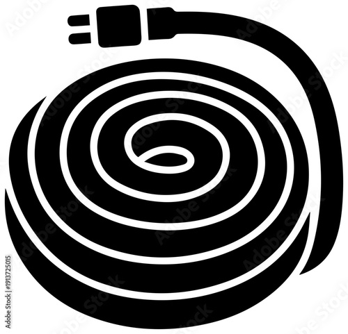 Black coiled heavy extension cord icon with plug symbolizing power and energy supply
