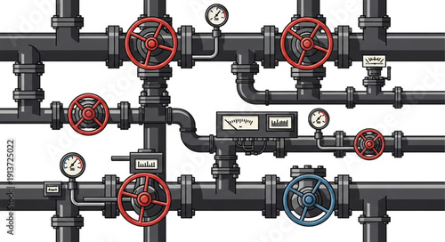 Complex Industrial Piping System with Valves and Gauges.