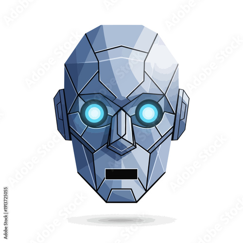 A futuristic robot head with glowing blue eyes and geometric design viewed from the front in a technological setting