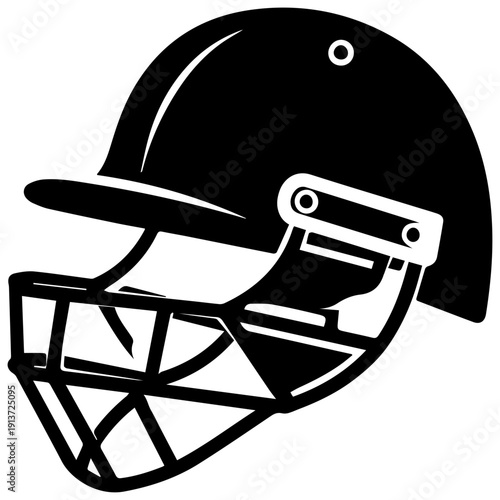 Black cricket helmet icon with protective grille and face guard sports equipment symbol