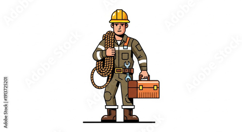 Construction worker holding rope and toolbox ready for work.