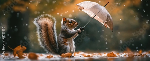 Cute squirrel holding a small umbrella in the rain with autumn leaves.