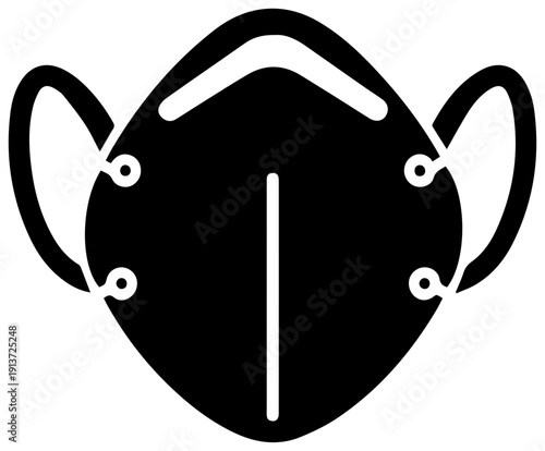 Black filled icon of a disposable n95 respirator mask with white straps on a white background