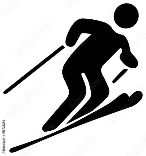 Black silhouette of a downhill skier in motion on skis with poles