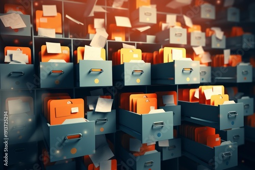 File cabinets overflowing with orange folders and documents, symbolizing bureaucracy and disorganization