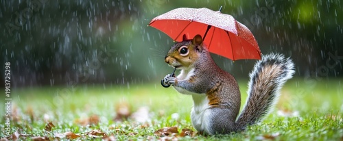 A cute squirrel holding a red umbrella in the rain on a grassy field.