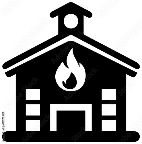 Black icon of a fire station building with a flame on the front isolated on white background