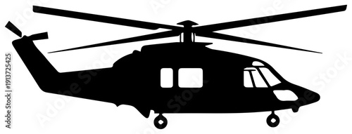 Black silhouette icon of a firefighting helicopter with rotors on white background for design and emergency service concepts