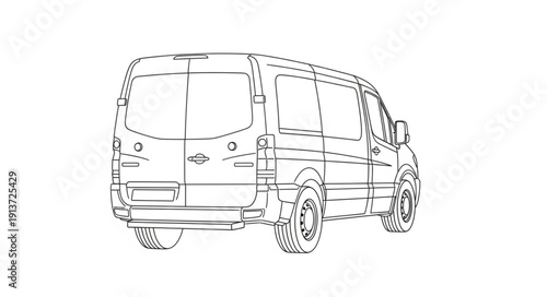 Detailed sketch of a modern cargo van from the rear.