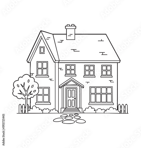 Charming Two-Story Family Home with a Garden and Picket Fence Neighborhood Coloring Page