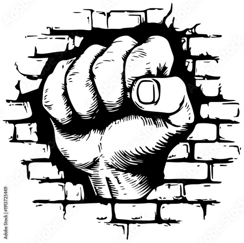 Black and white fist punching through a brick wall with bold lines and shading