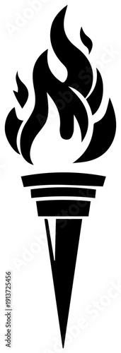 Black silhouette of a flaming olympic torch on white background symbolizing sports and competition