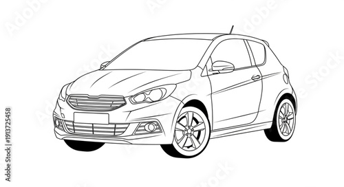 Detailed sketch of a modern compact car in black and white.
