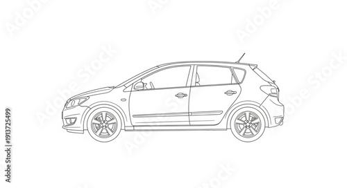 Detailed sketch of a modern compact car side view.