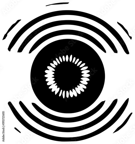 Glowing retina scan symbol icon in black and white futuristic eye illustration