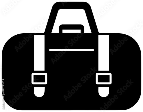 Black gym duffel bag icon with white accents isolated on white background for fitness and sports