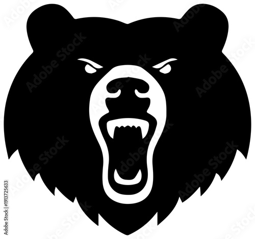 Black silhouette grizzly bear head with open mouth and aggressive expression on white background