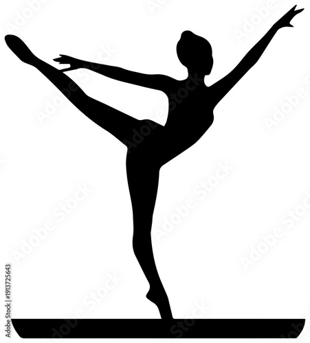 Black silhouette of a gymnast performing on a balance beam in a graceful pose with one leg raised