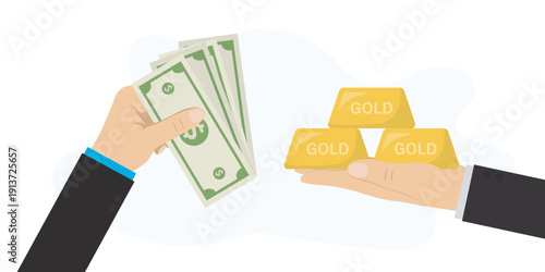 One hand holds dollar banknotes while another hand offers gold bars. Buying gold, currency exchange or successful financial transaction. Precious metals - protective asset.