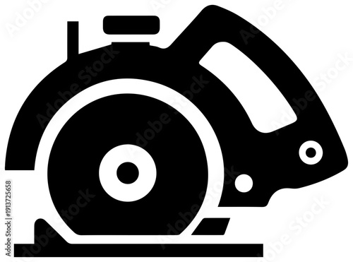 Black filled icon of handheld circular saw on white background for construction and diy projects