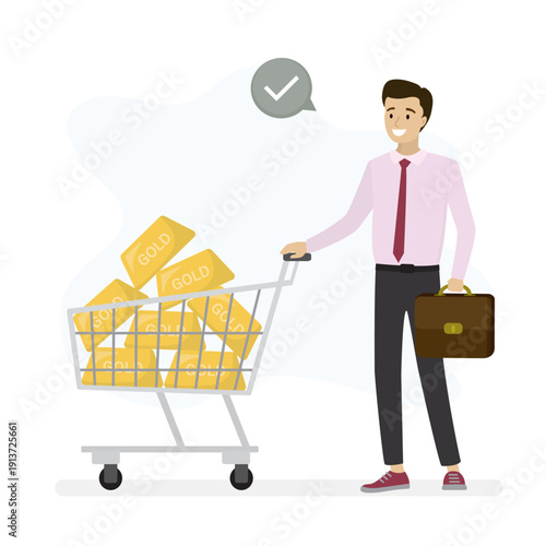 Successful businessman with shopping cart filled with large gold bars. Wealth accumulation, successful gold investment and financial prosperity. Investment in precious metals.