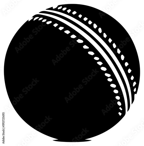 Black cricket ball icon with white stitching isolated on white background for sports design