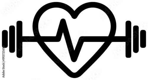 Black heart rate pulse line icon with dumbbell fitness and health symbol medical and exercise concept