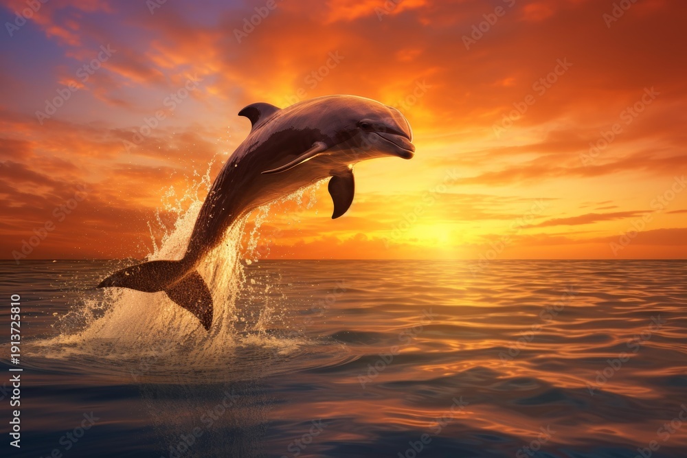 Obraz premium Dolphin leaping from the sea surface at a vibrant orange and yellow sunset