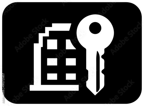 Black filled icon of hotel key card with building symbol isolated on white background for travel and accommodation